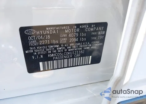 2019 Hyundai Ioniq Hybrid Limited z USA, uszkodzony, nr VIN KMHC05LC0KU121182